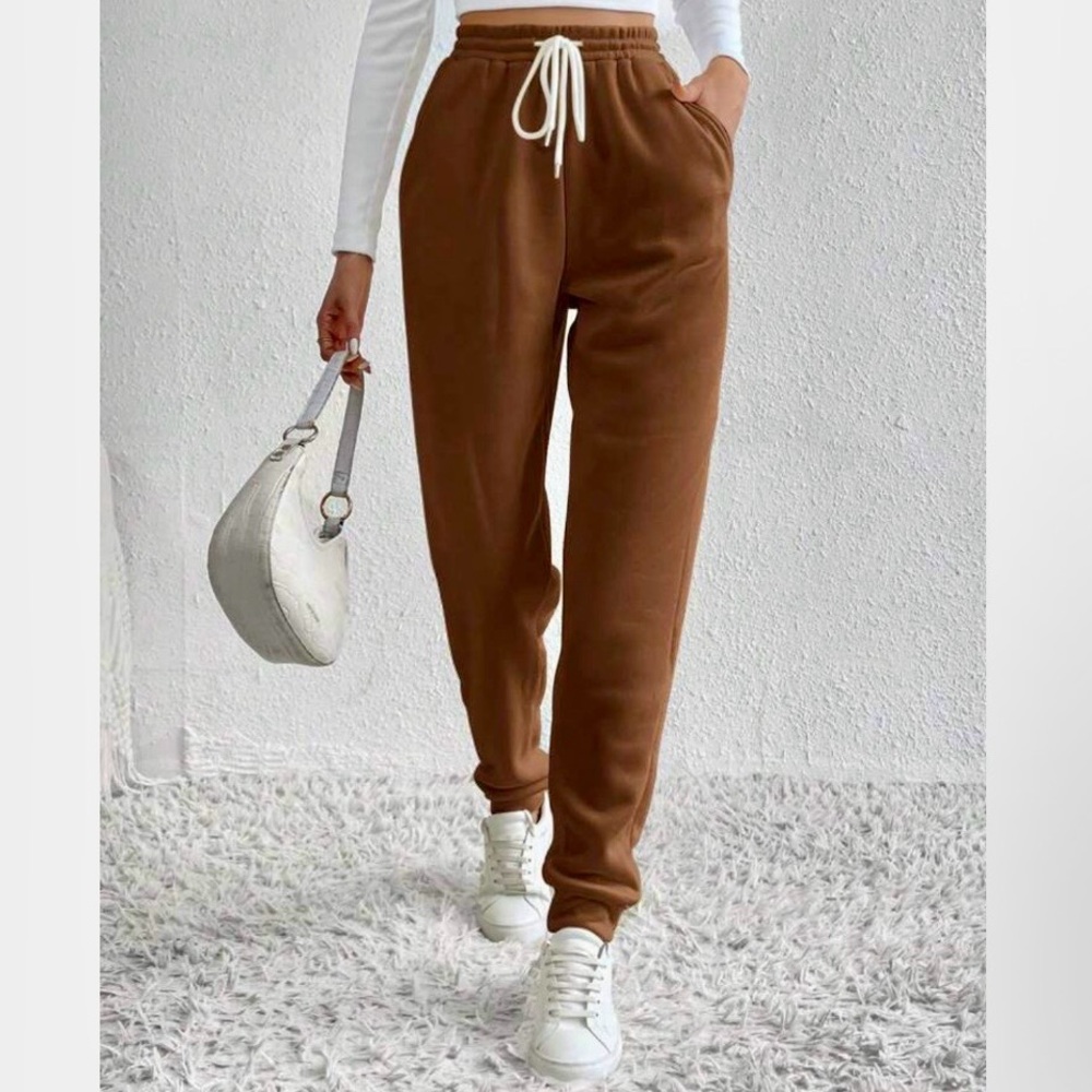 LIKE NEW SHEIN Drawstring Elastic Waist Brown Thermal Sweatpants with Pockets S